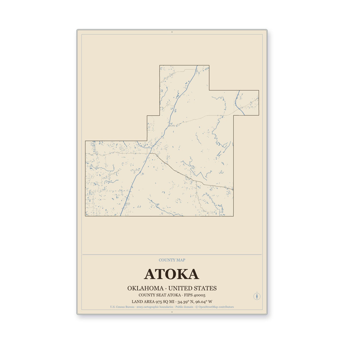 Atoka County, Oklahoma Map Aluminum Sign in Heritage Nautical style