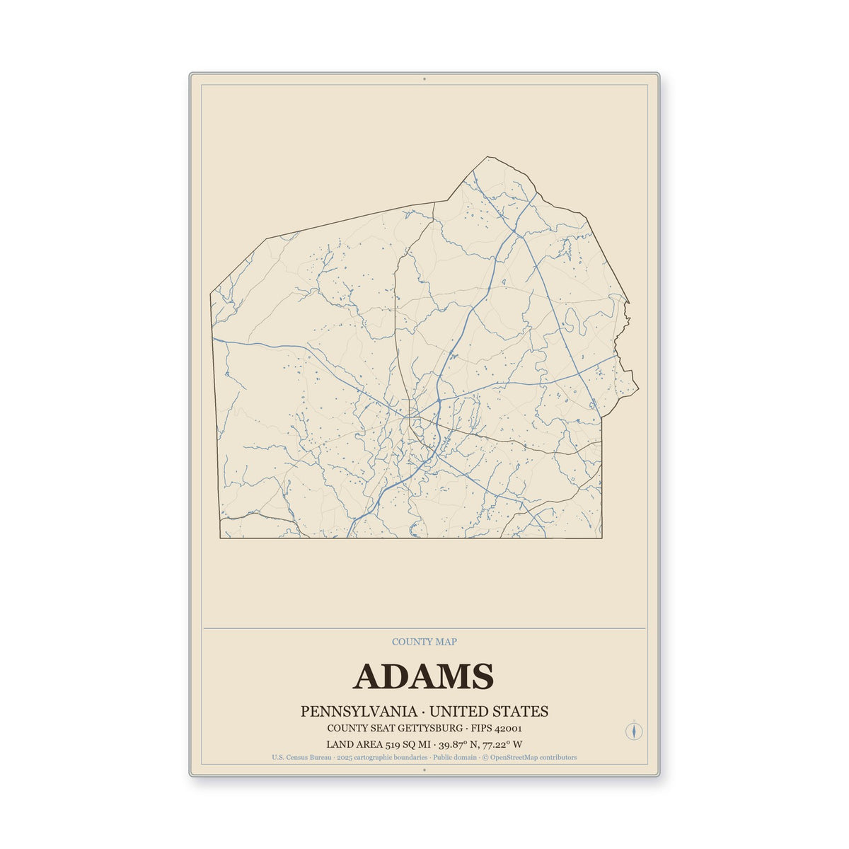 Adams County, Pennsylvania Map Aluminum Sign in Heritage Nautical style