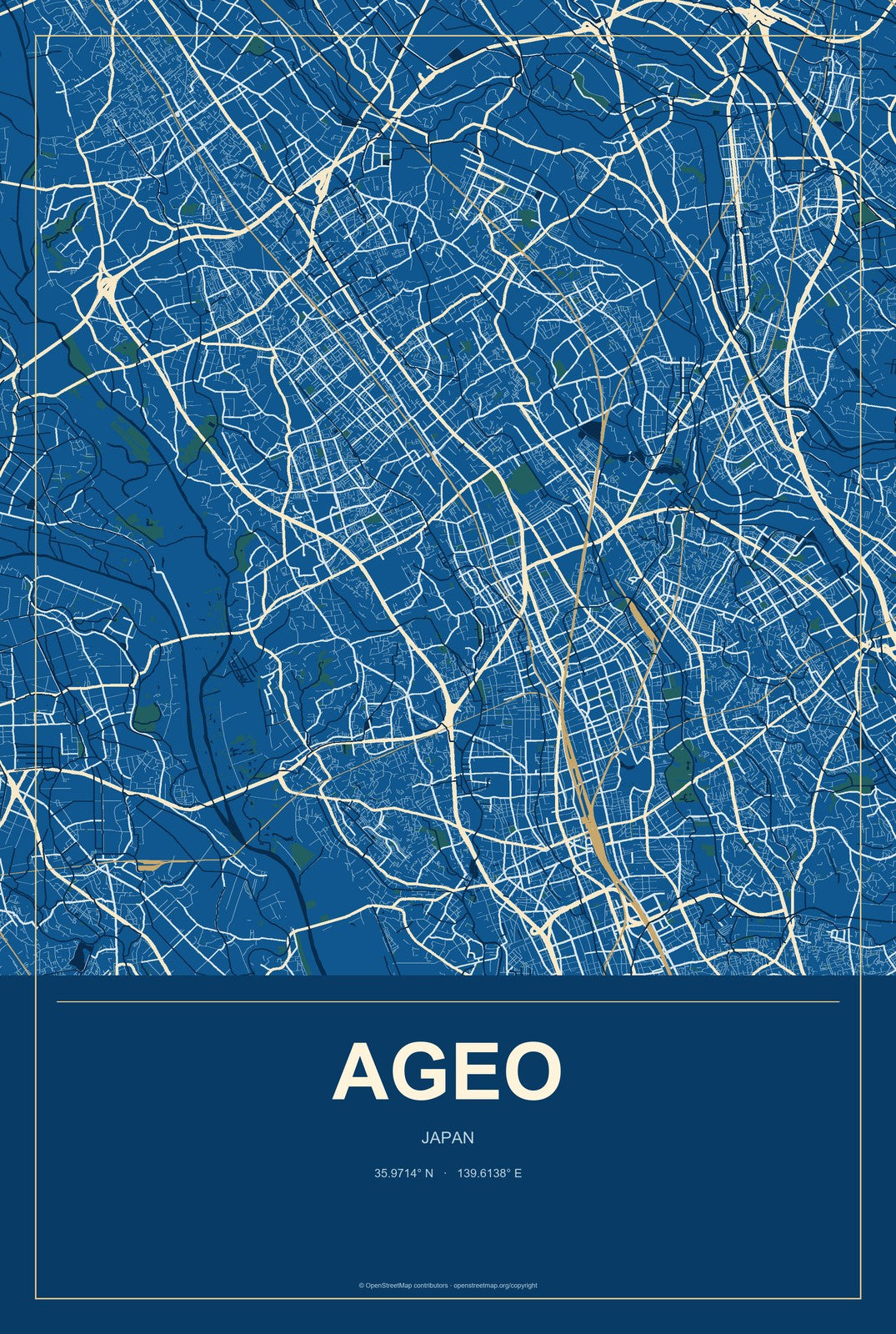 Ageo, Japan City Map Aluminum Sign in Harbor Cobalt style