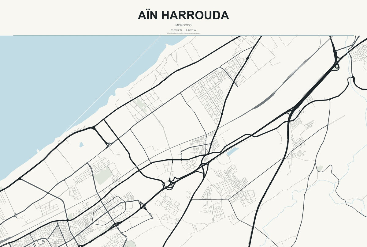 Aïn Harrouda, Morocco City Map Aluminum Sign in Headline Atlas style