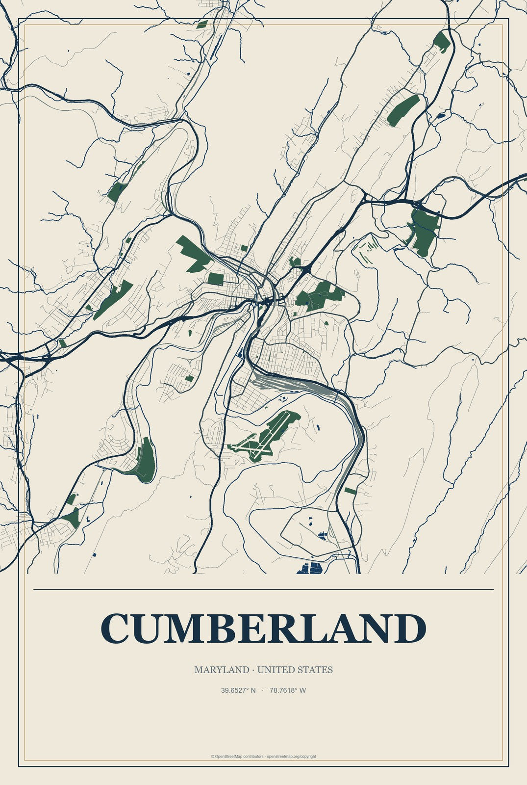 Cumberland, Maryland City Map Aluminum Sign in Coastal Cutout style