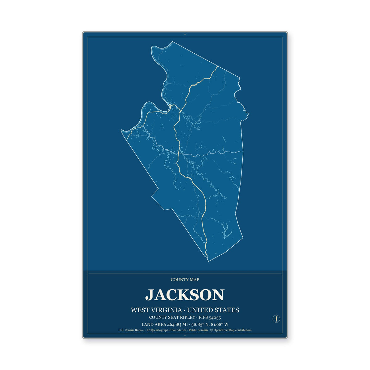 Jackson County, West Virginia Map Aluminum Sign in Harbor Cobalt style