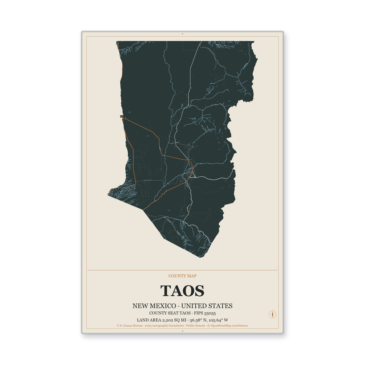 Taos County, New Mexico Map Aluminum Sign in Headline Atlas style