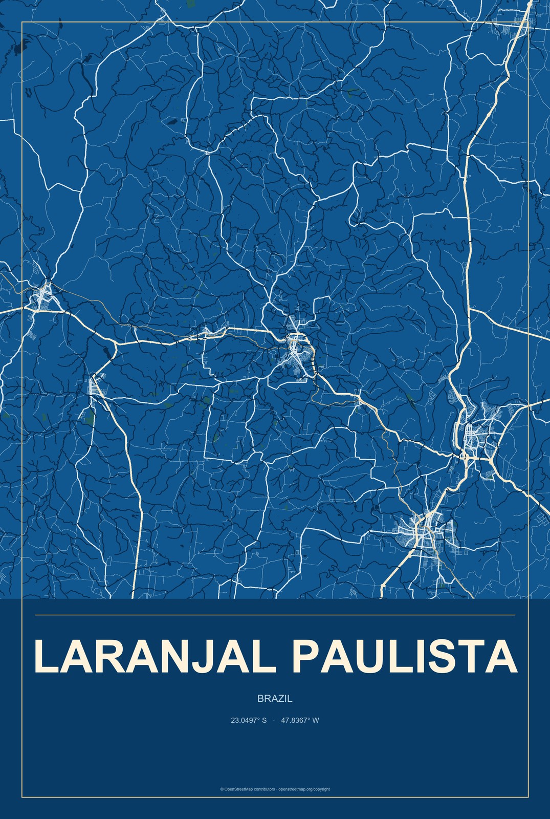 Laranjal Paulista, Brazil City Map Aluminum Sign in Harbor Cobalt style