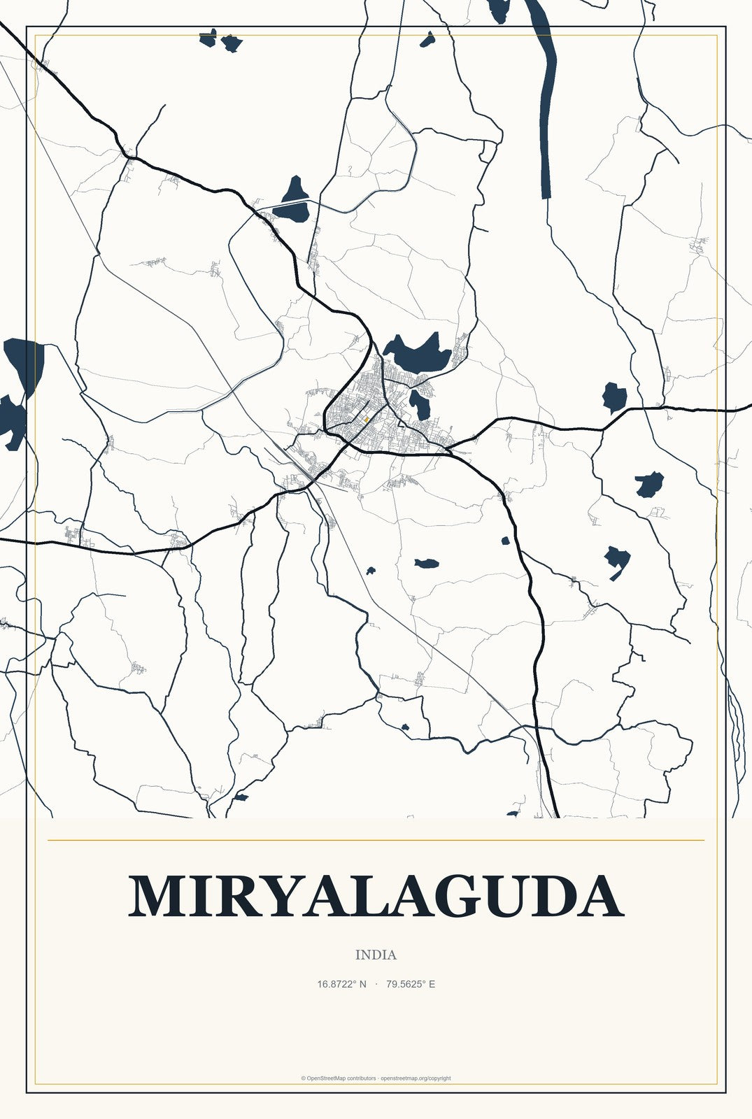 Miryalaguda, India City Map Aluminum Sign in Citrine Modern style