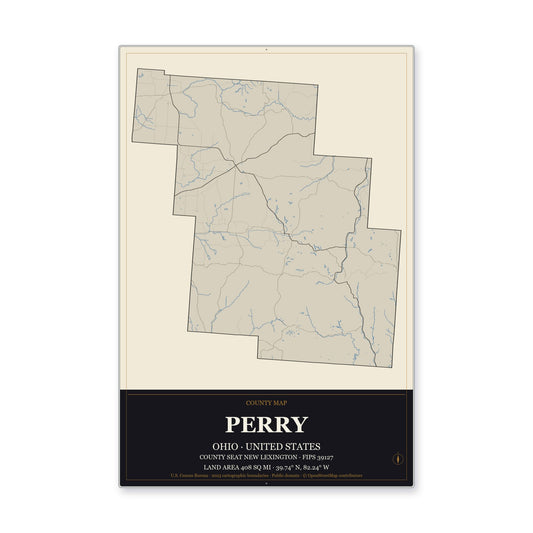 Perry County, Ohio Map Aluminum Sign in Museum Plaque style