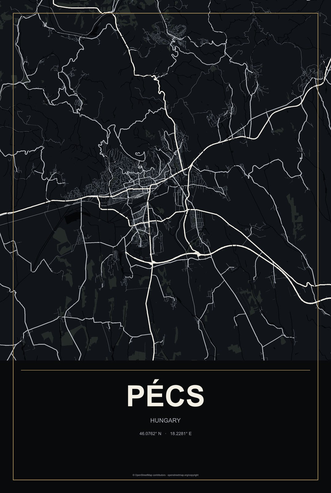 Pécs, Hungary City Map Aluminum Sign in Metropolitan Noir style