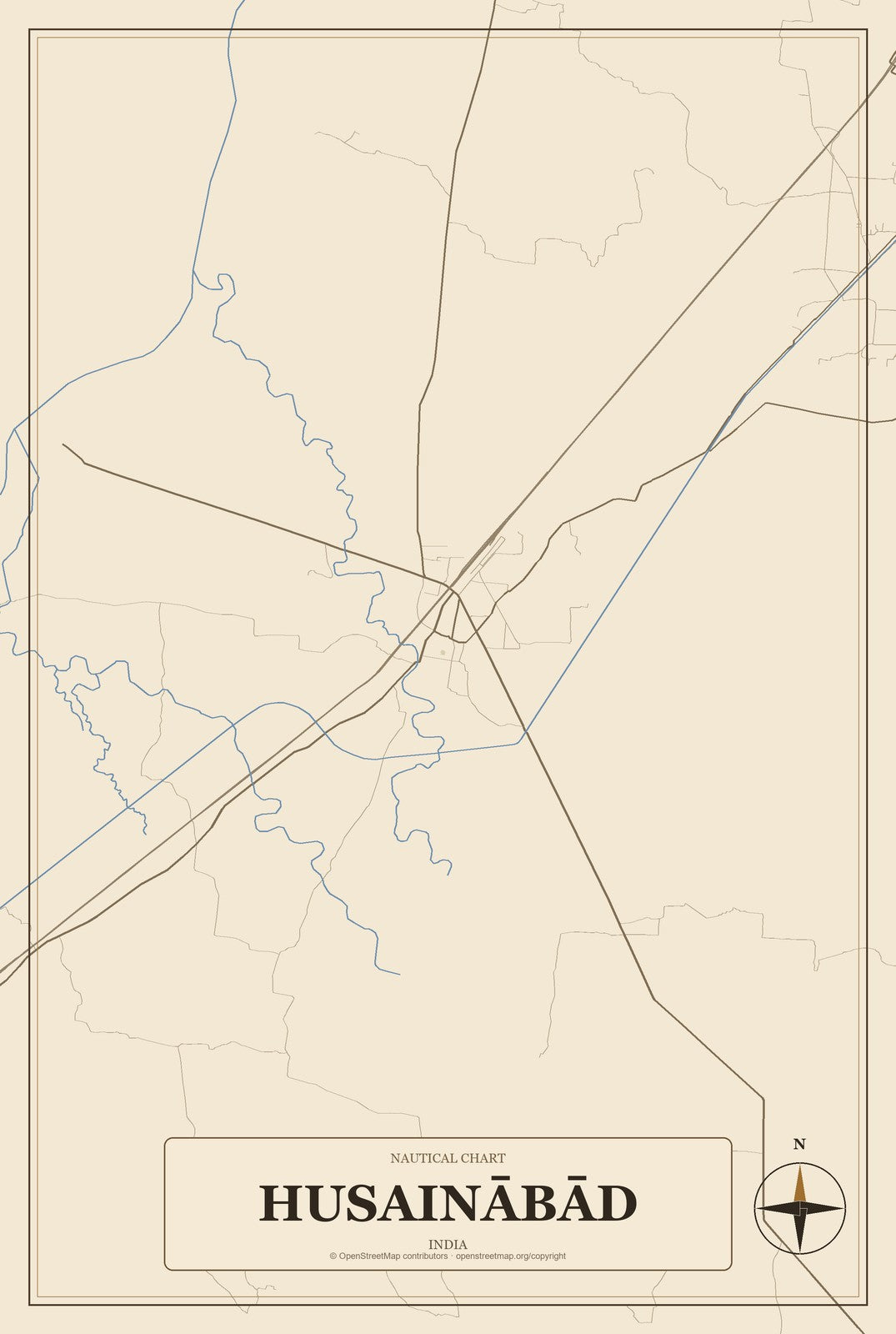 Husainābād, India City Map Aluminum Sign in Heritage Nautical style
