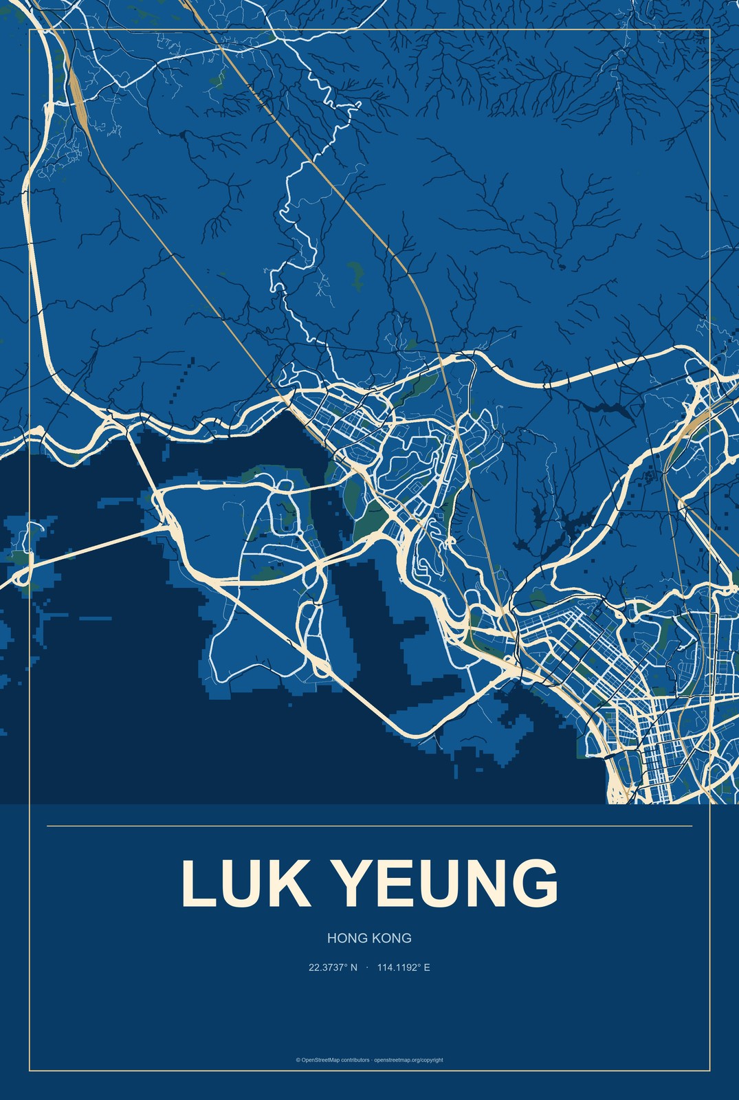 Luk Yeung, Hong Kong City Map Aluminum Sign in Harbor Cobalt style