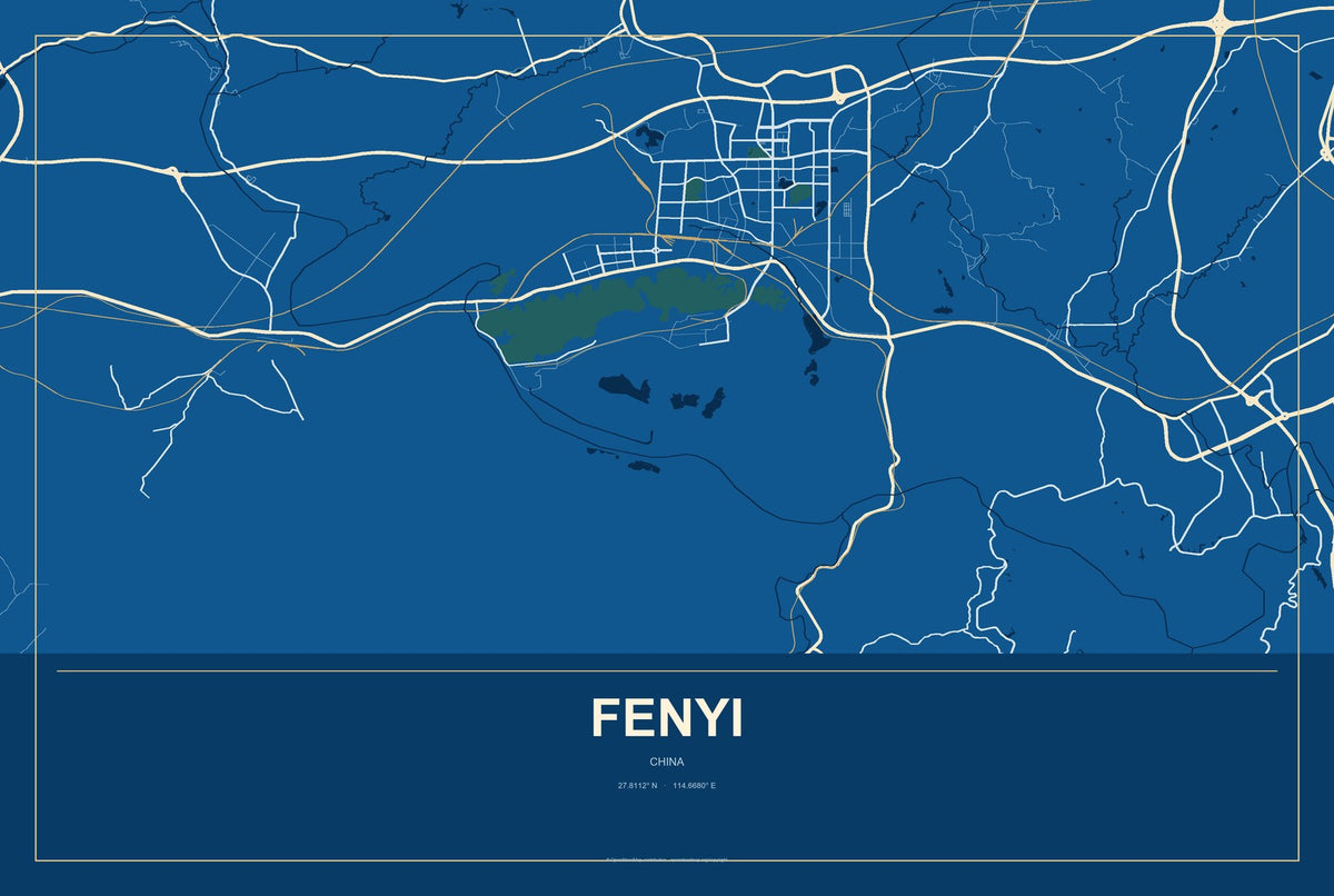 Fenyi, China City Map Aluminum Sign in Harbor Cobalt style