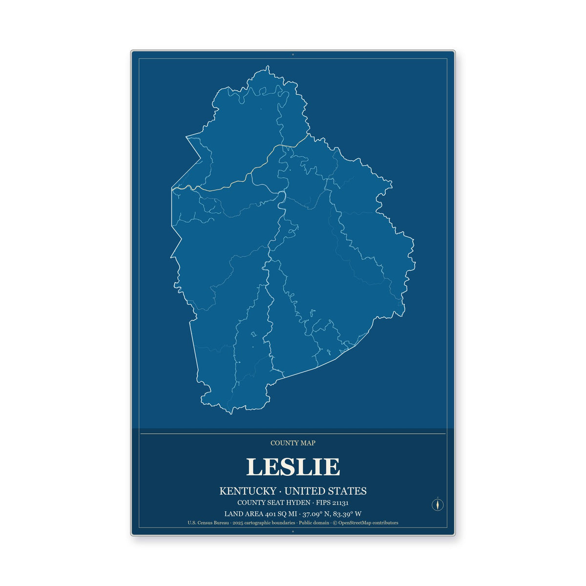 Leslie County, Kentucky Map Aluminum Sign in Harbor Cobalt style