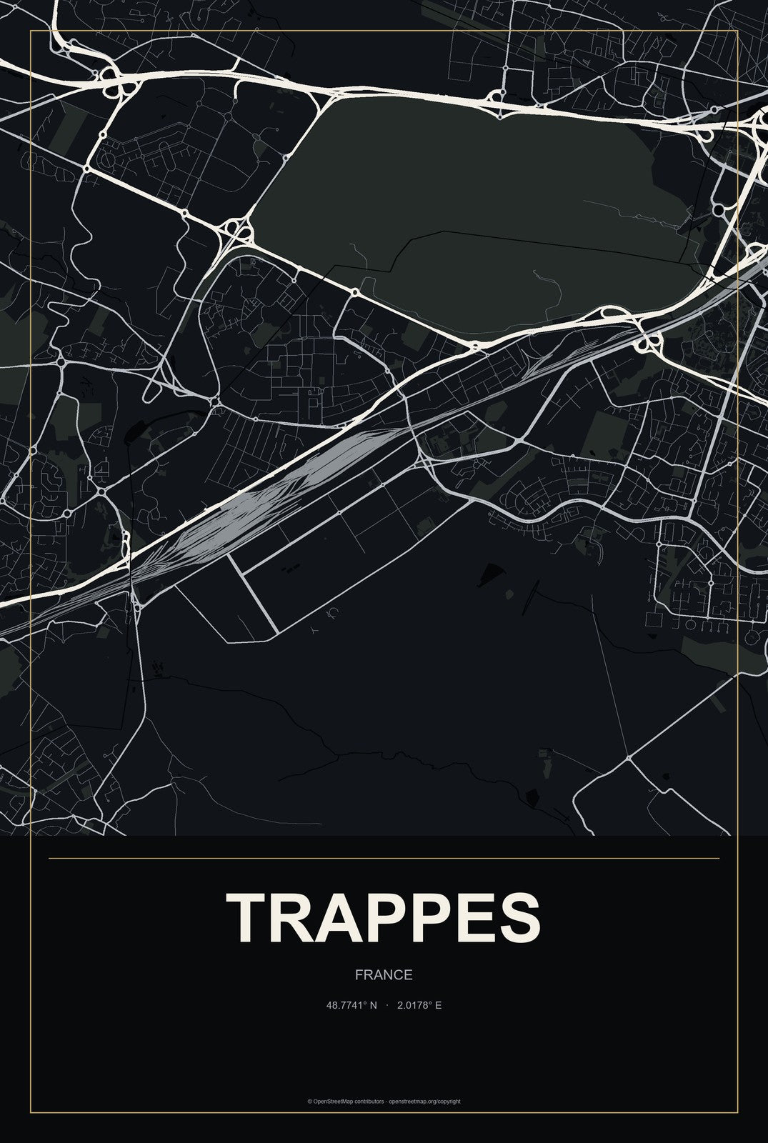 Trappes, France City Map Aluminum Sign in Metropolitan Noir style