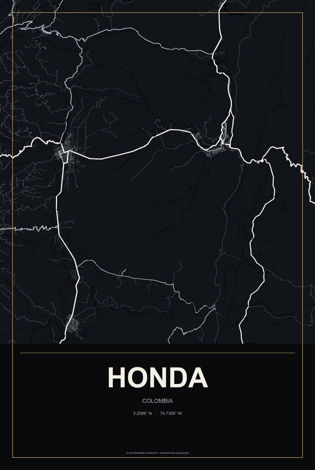 Honda, Colombia City Map Aluminum Sign in Metropolitan Noir style