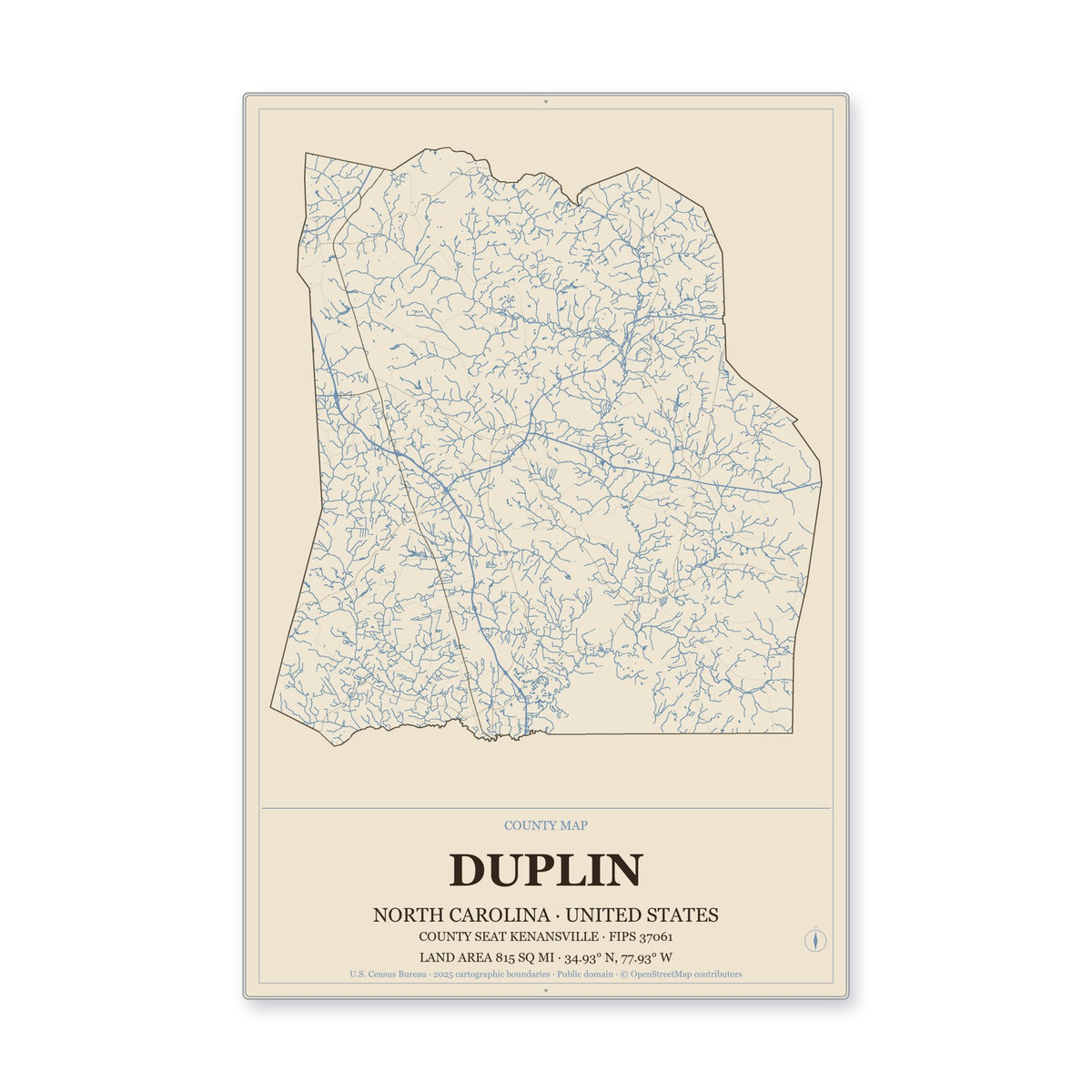 Duplin County, North Carolina Map Aluminum Sign in Heritage Nautical style