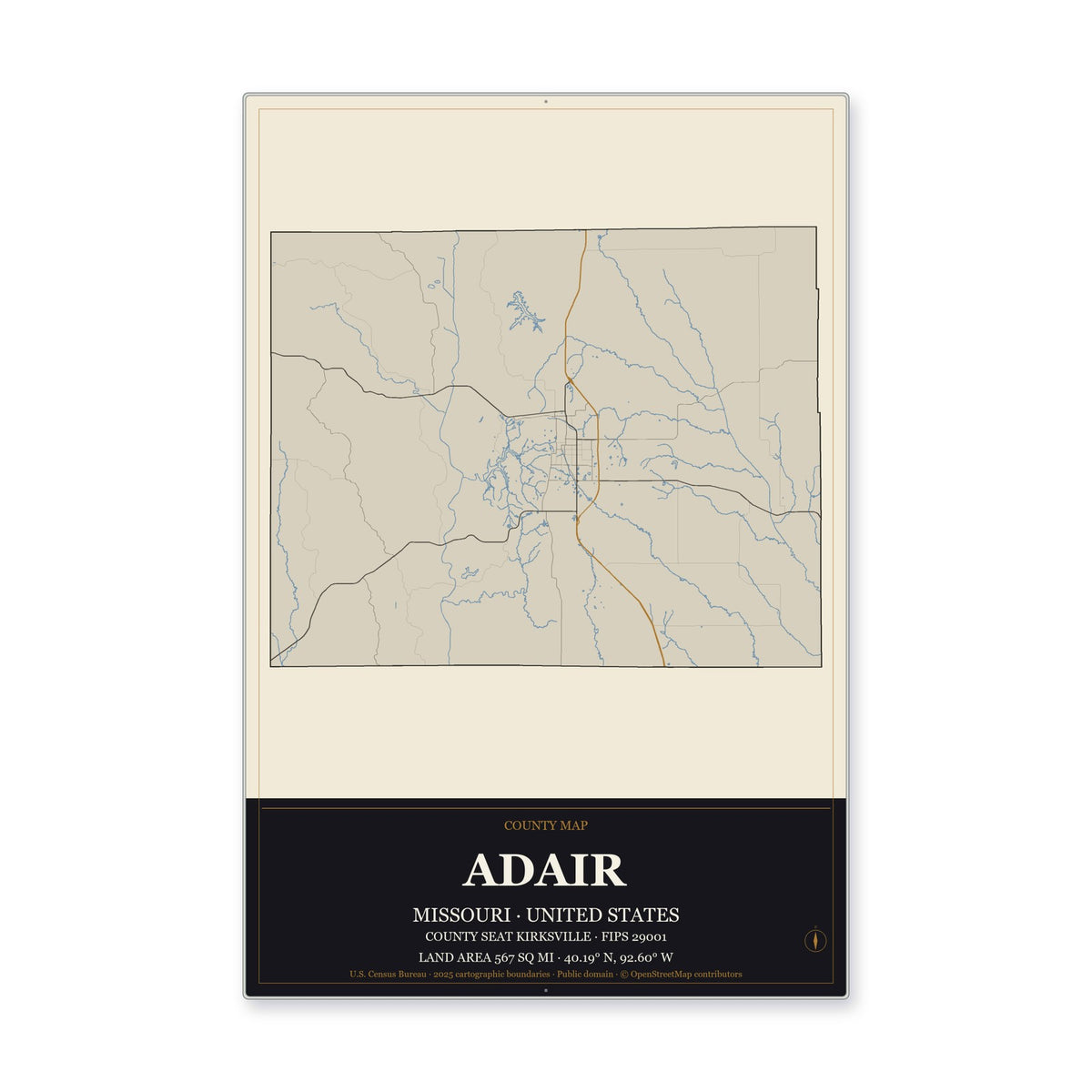 Adair County, Missouri Map Aluminum Sign in Museum Plaque style
