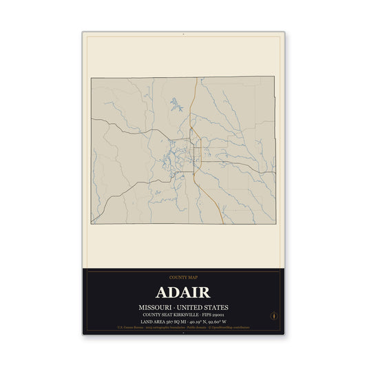 Adair County, Missouri Map Aluminum Sign in Museum Plaque style