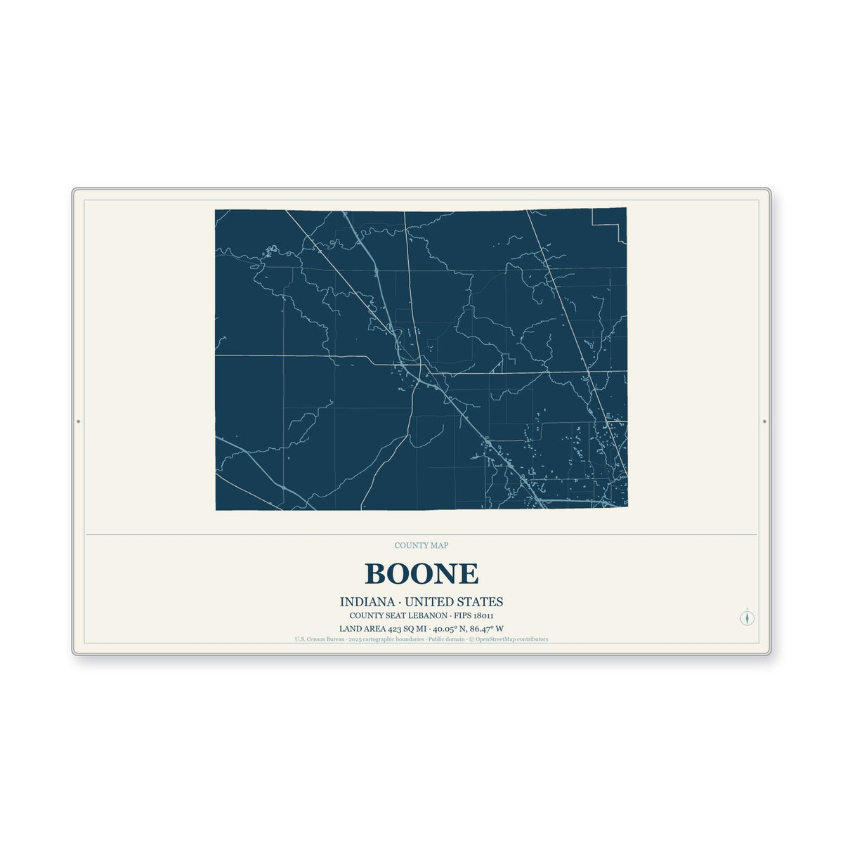 Boone County, Indiana Map Aluminum Sign in Coastal Cutout style