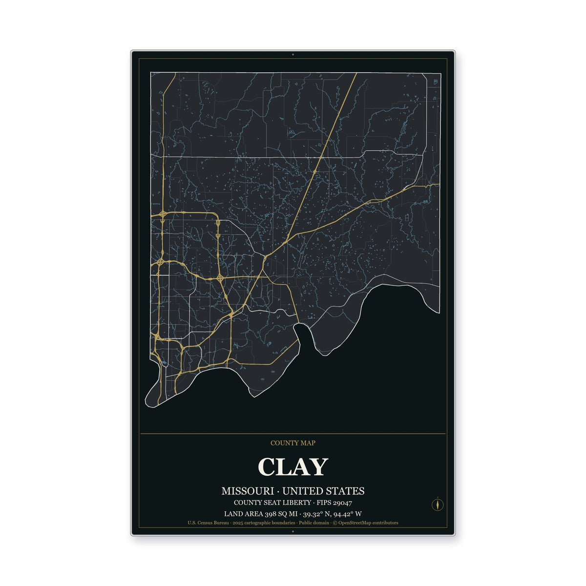 Clay County, Missouri Map Aluminum Sign in Metropolitan Noir style