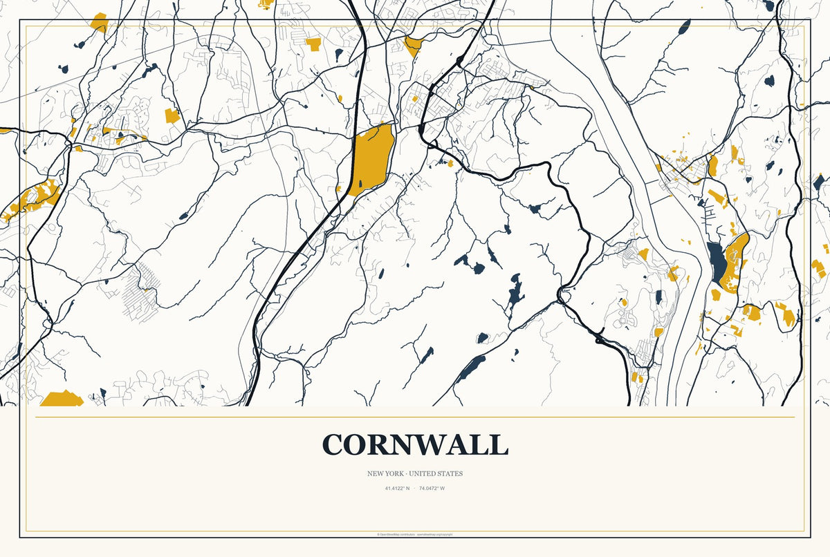 Cornwall, New York City Map Aluminum Sign in Citrine Modern style