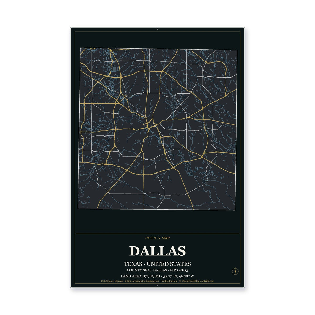 Dallas County, Texas Map Aluminum Sign in Metropolitan Noir style