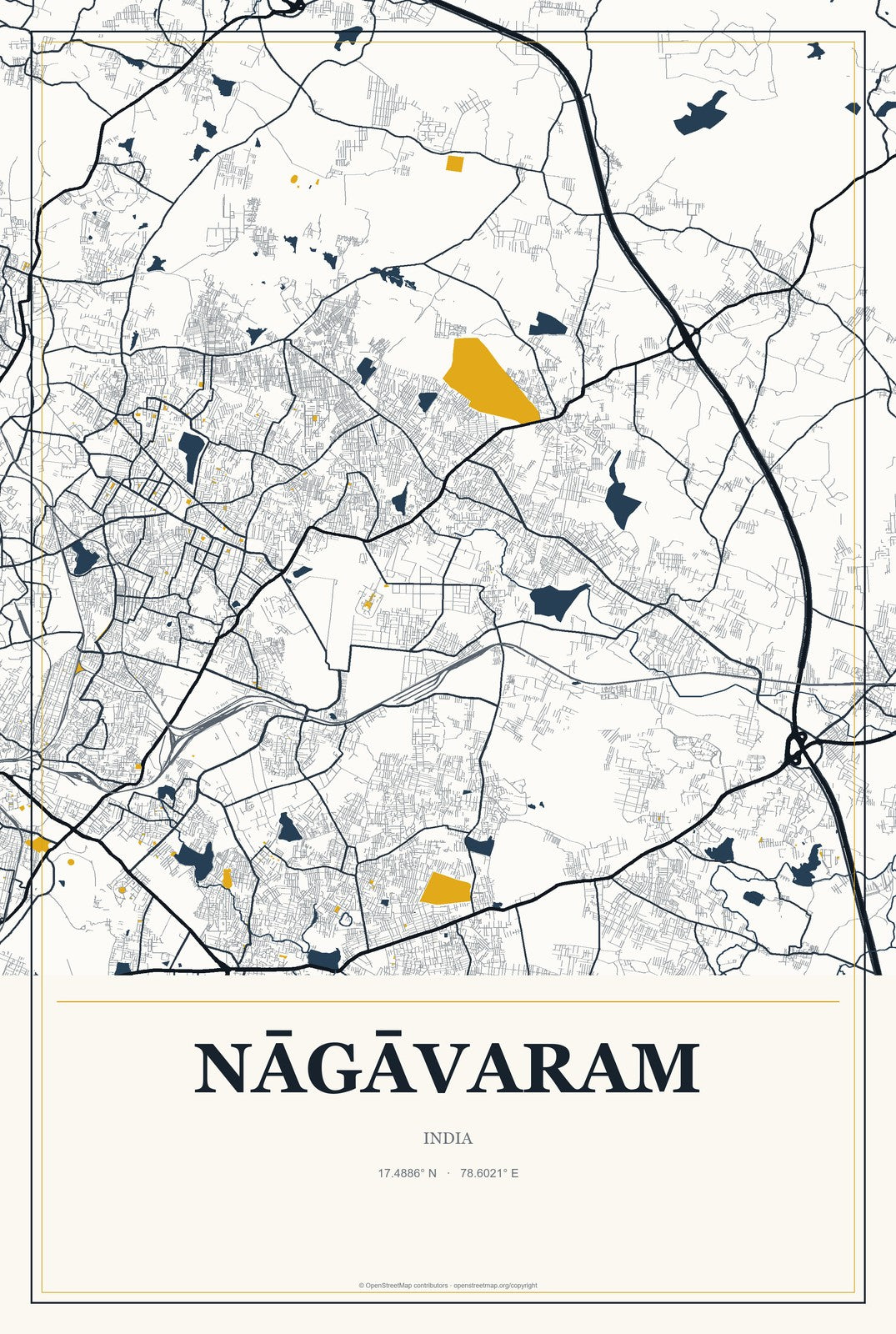 Nāgāvaram, India City Map Aluminum Sign in Citrine Modern style