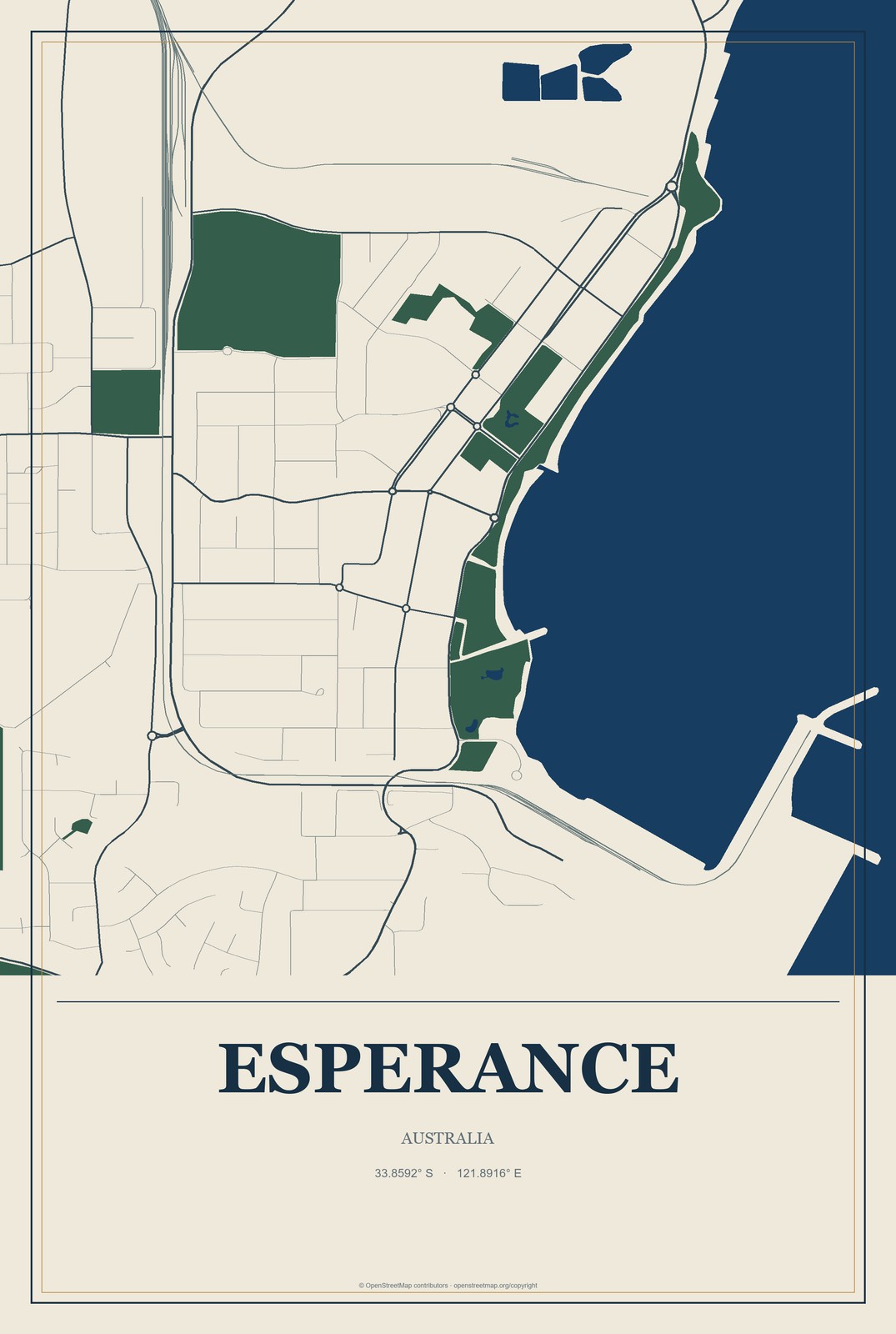 Esperance, Australia City Map Aluminum Sign in Coastal Cutout style