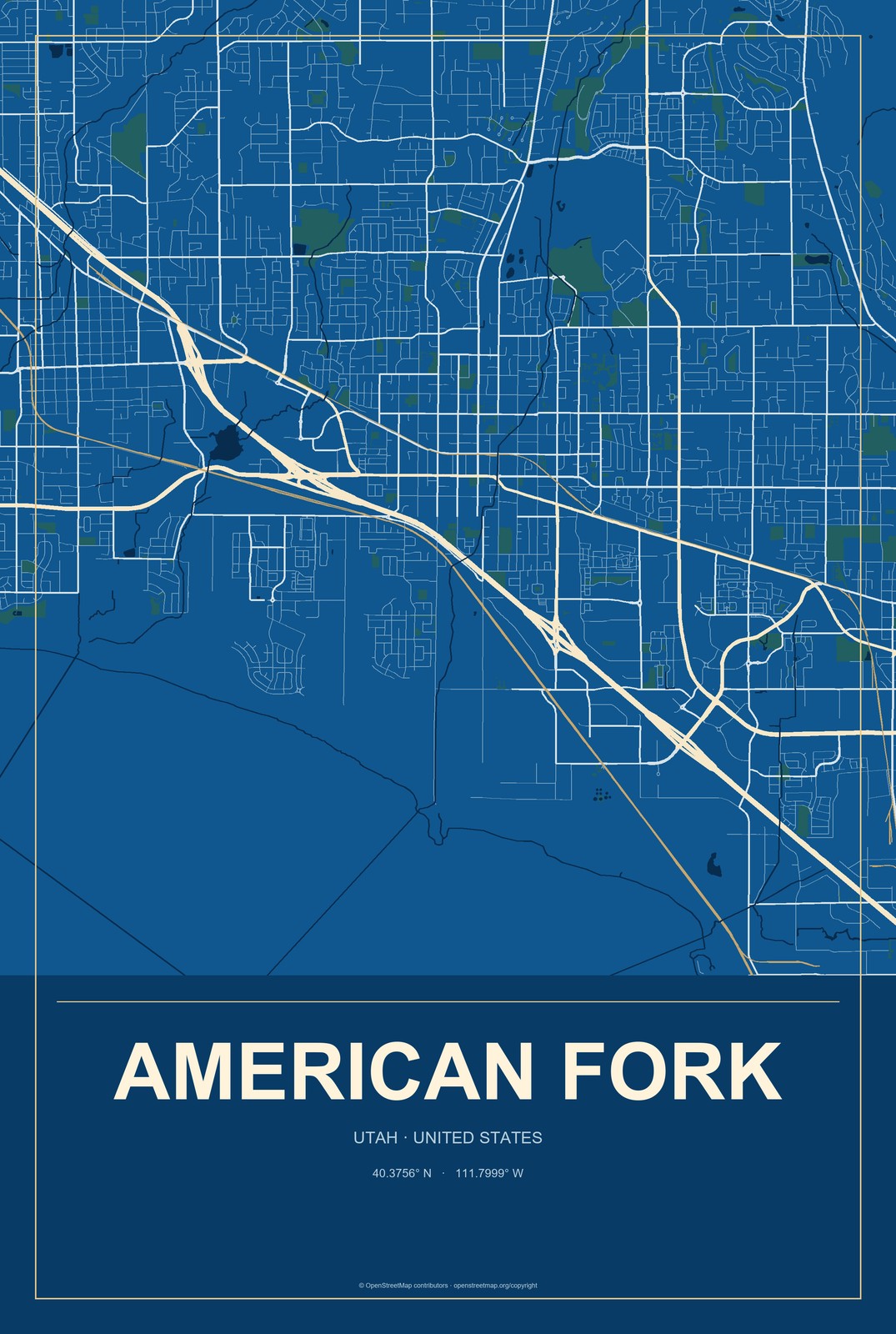 American Fork, Utah City Map Aluminum Sign in Harbor Cobalt style
