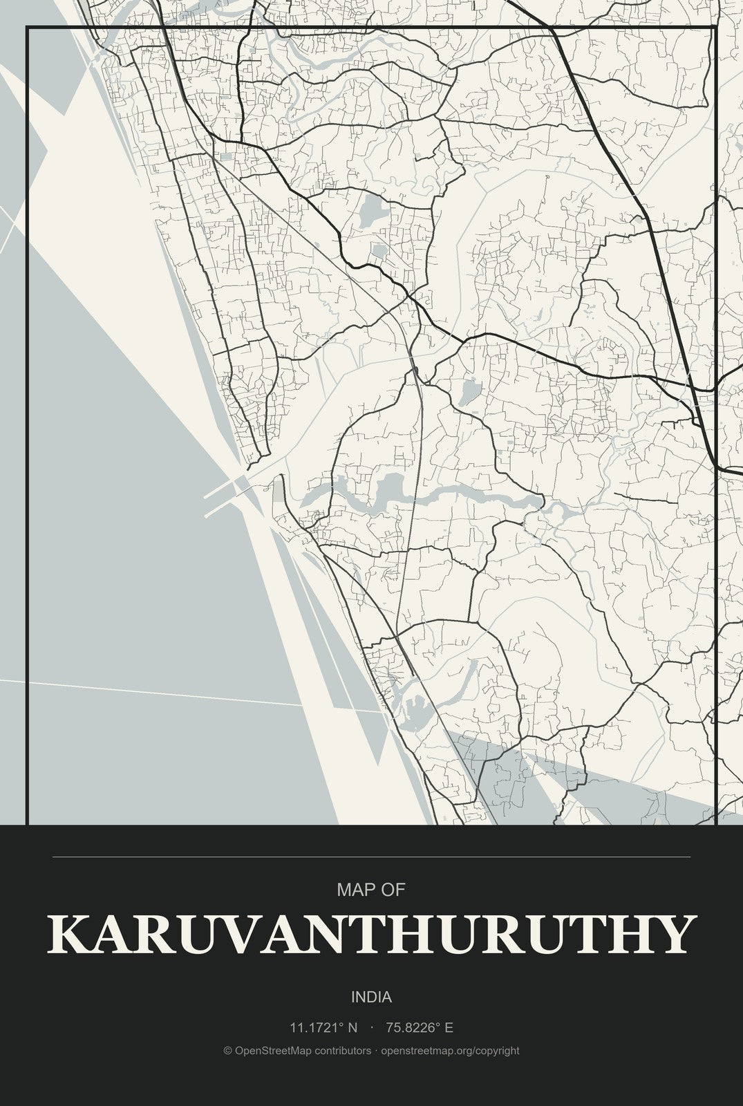 Karuvanthuruthy, India City Map Aluminum Sign in Museum Plaque style