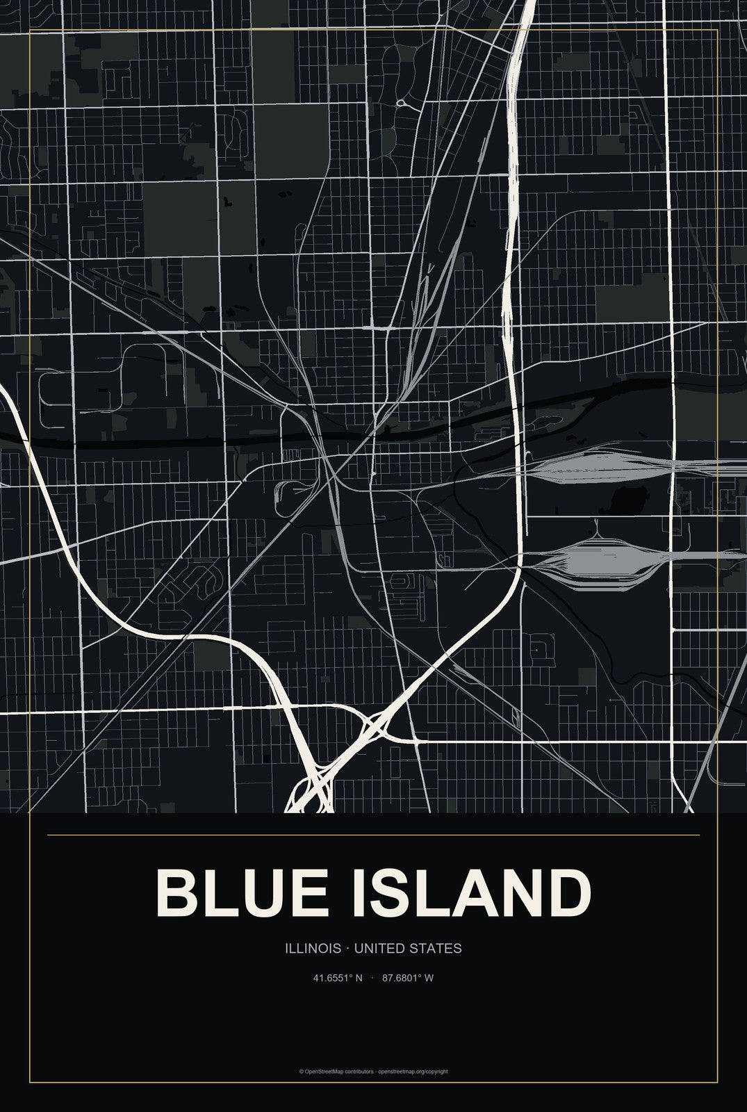 Blue Island, Illinois City Map Aluminum Sign in Metropolitan Noir style