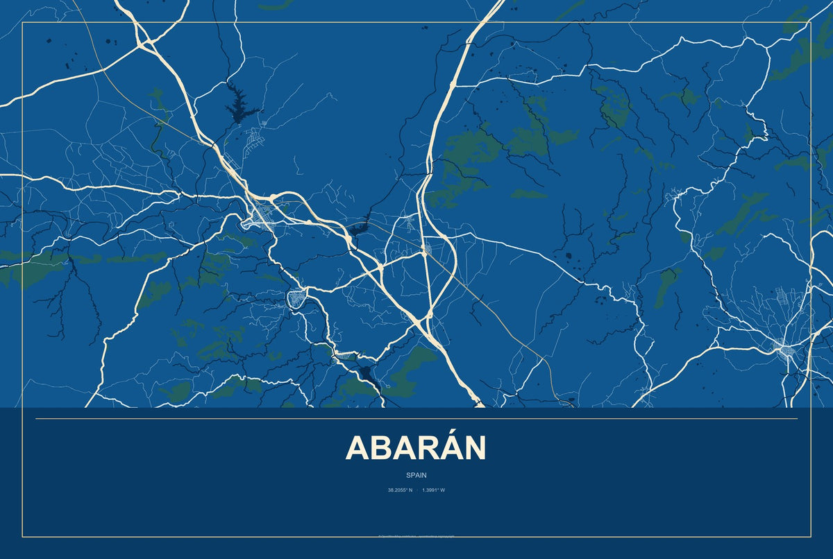 Abarán, Spain City Map Aluminum Sign in Harbor Cobalt style