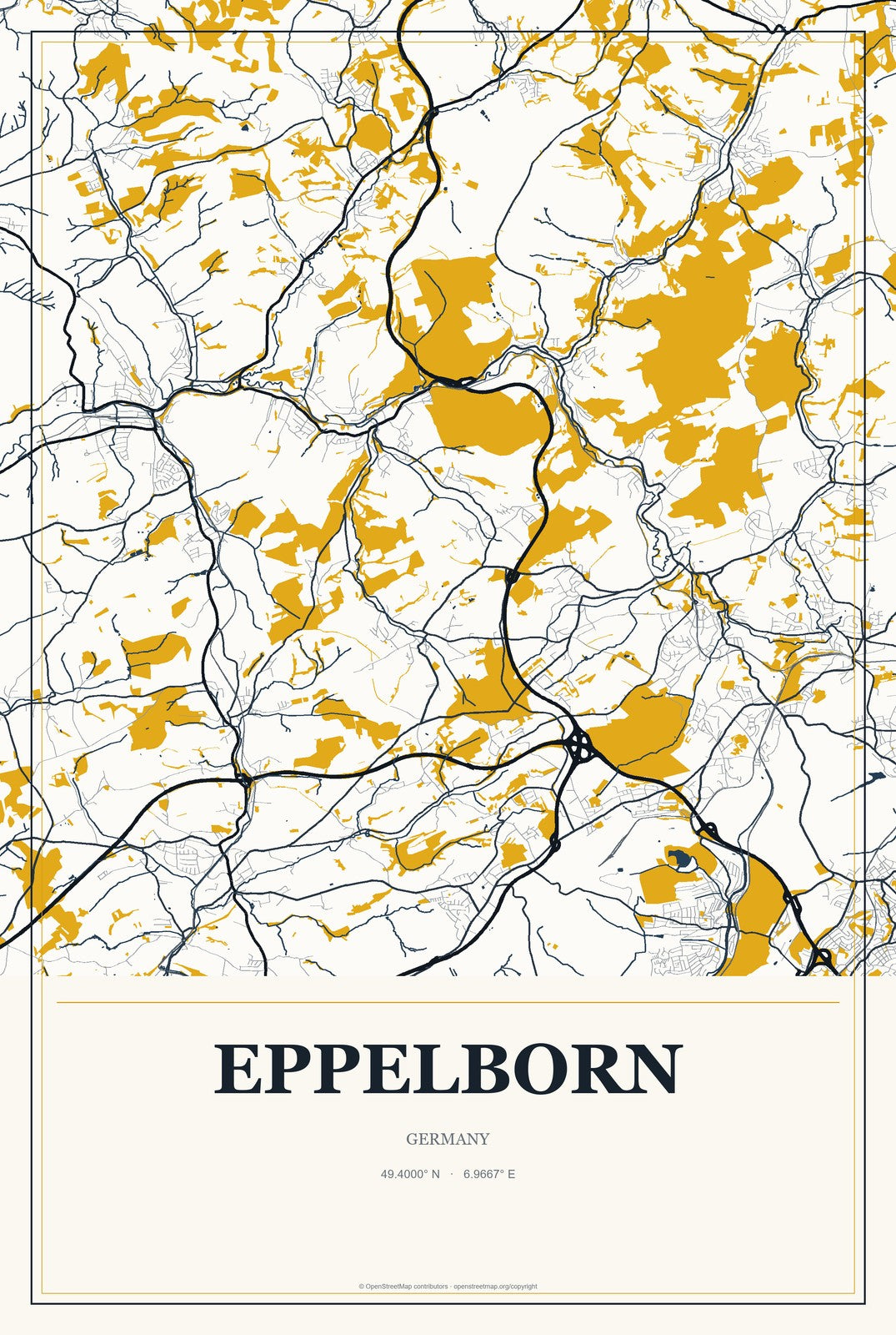 Eppelborn, Germany City Map Aluminum Sign in Citrine Modern style