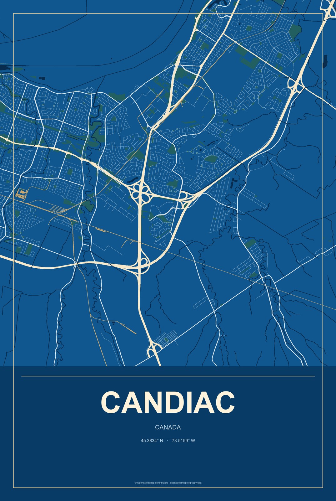 Candiac, Canada City Map Aluminum Sign in Harbor Cobalt style