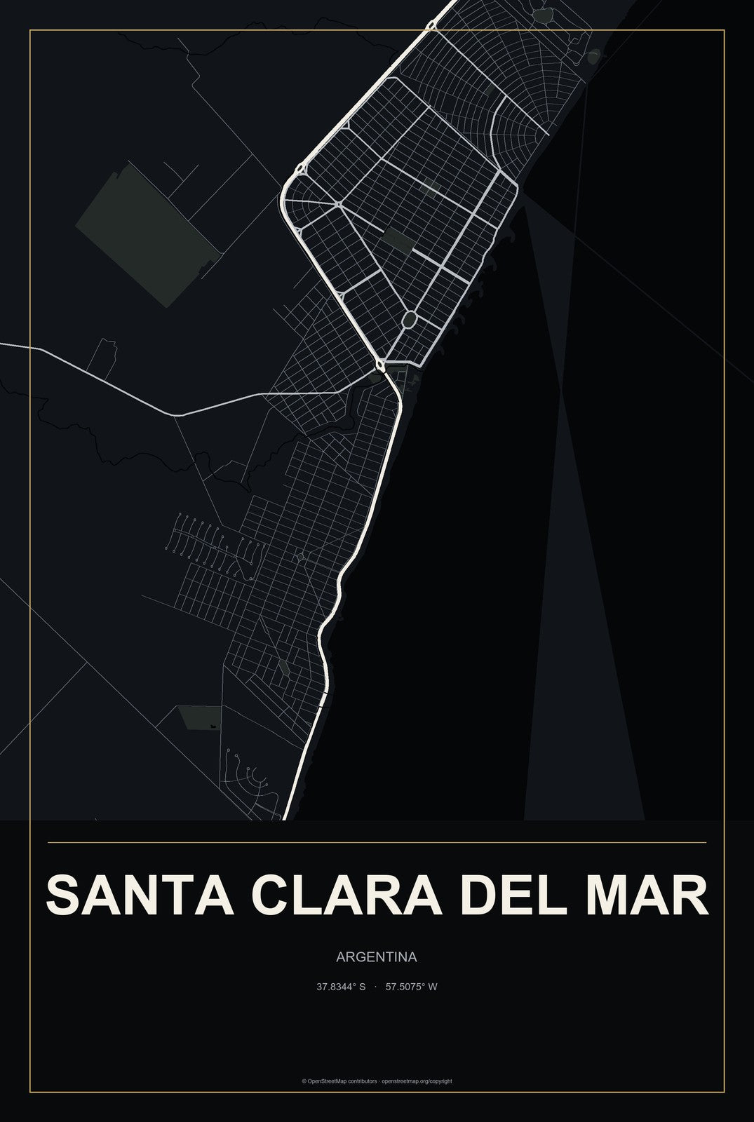 Santa Clara del Mar, Argentina City Map Aluminum Sign in Metropolitan Noir style