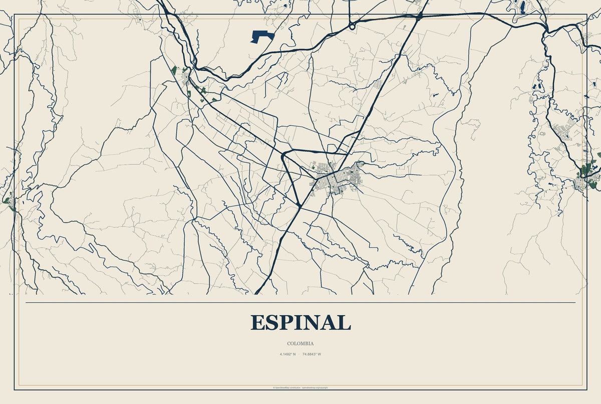Espinal, Colombia City Map Aluminum Sign in Coastal Cutout style