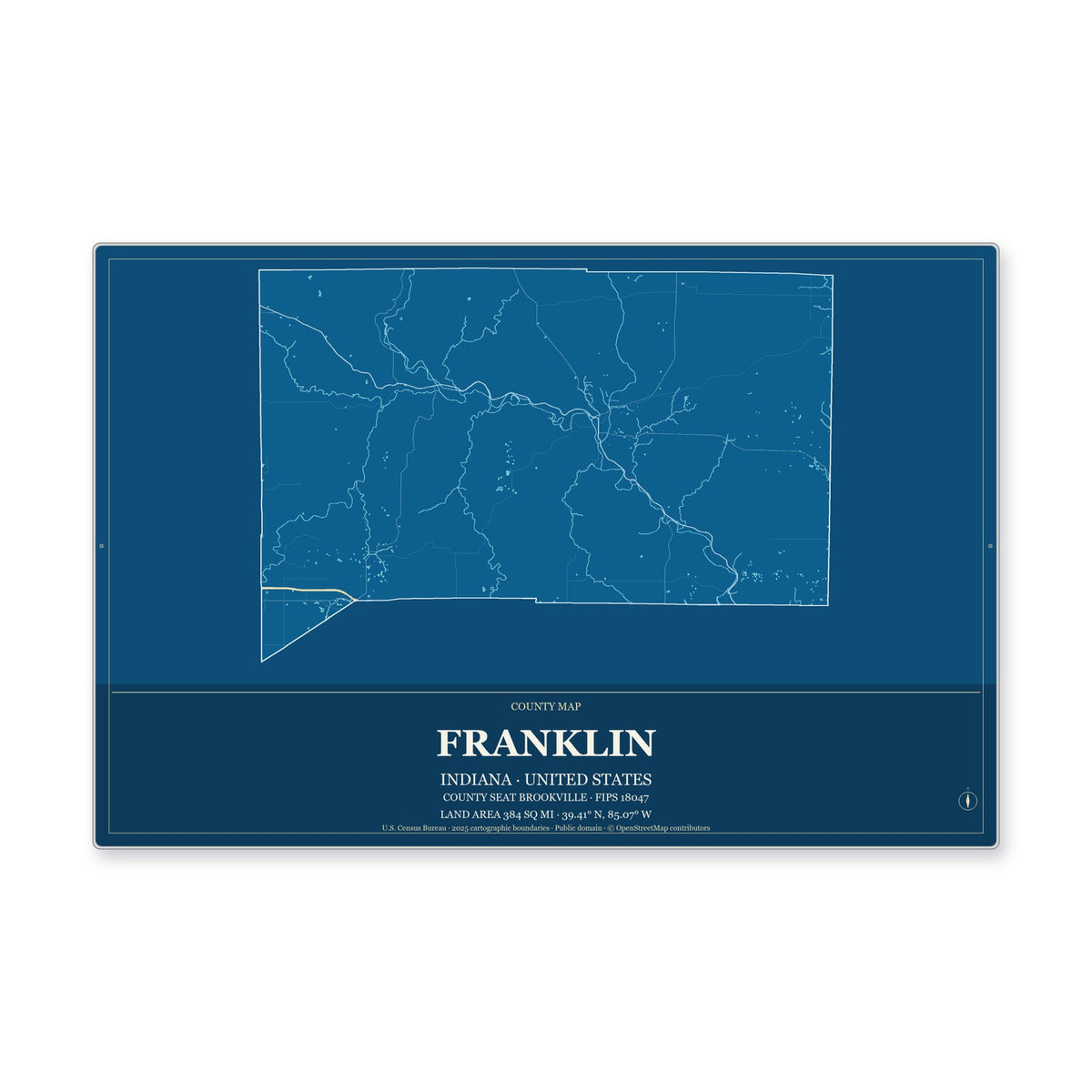 Franklin County, Indiana Map Aluminum Sign in Harbor Cobalt style