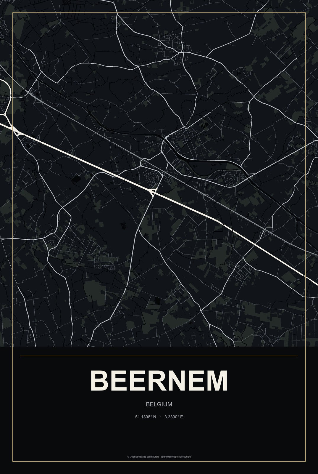Beernem, Belgium City Map Aluminum Sign in Metropolitan Noir style