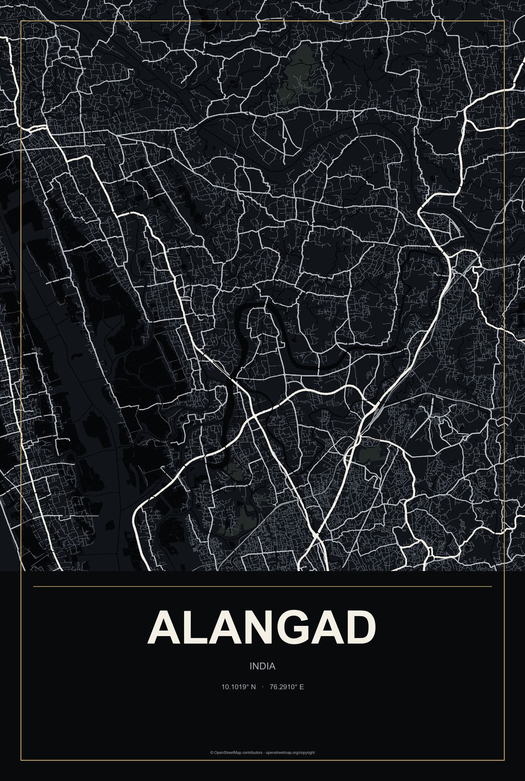 Alangad, India City Map Aluminum Sign in Metropolitan Noir style