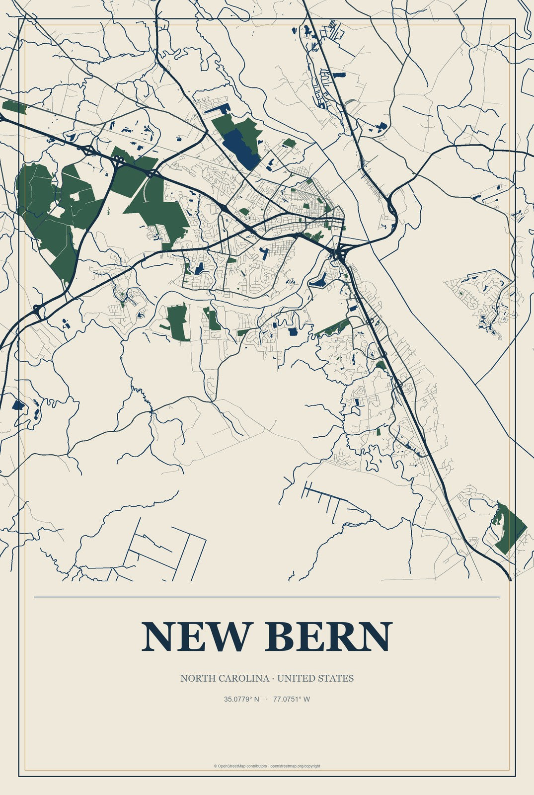 New Bern, North Carolina City Map Aluminum Sign in Coastal Cutout style