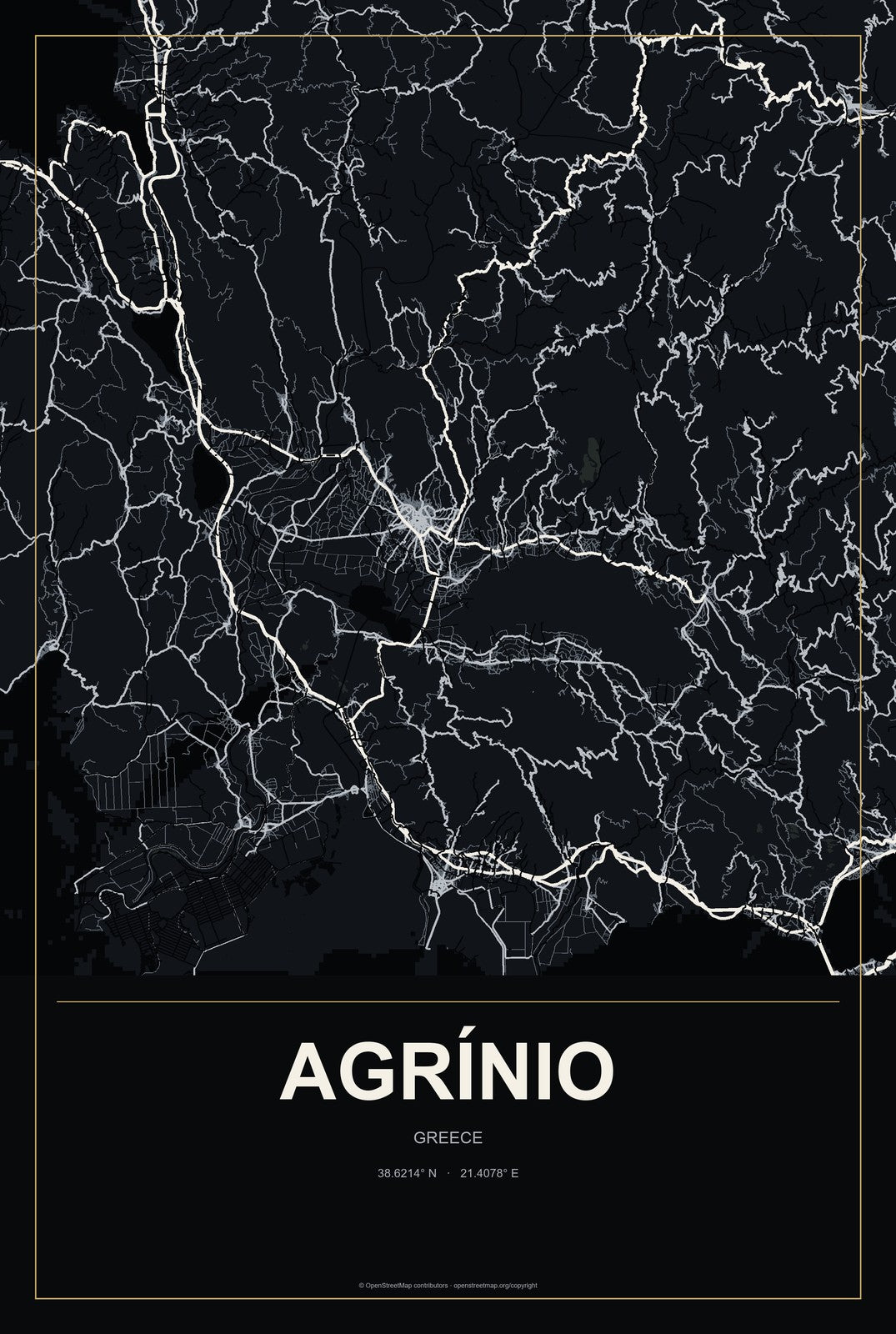 Agrínio, Greece City Map Aluminum Sign in Metropolitan Noir style