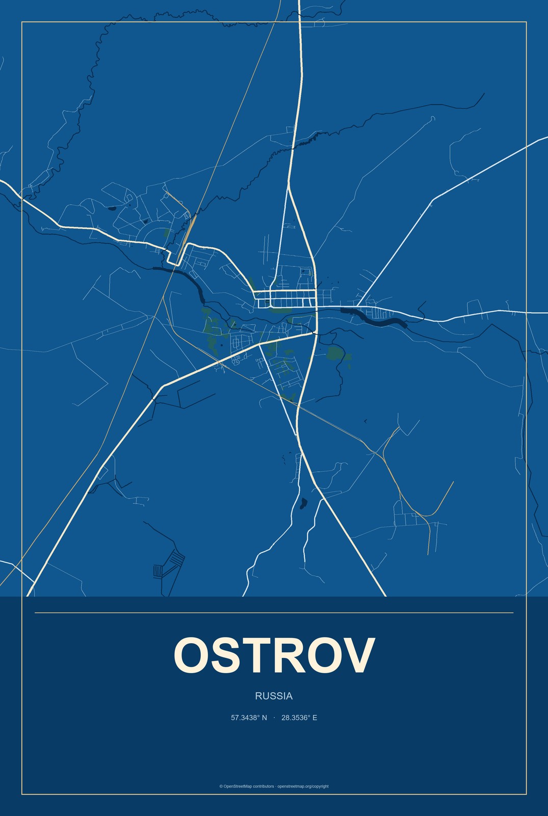 Ostrov, Russia City Map Aluminum Sign in Harbor Cobalt style