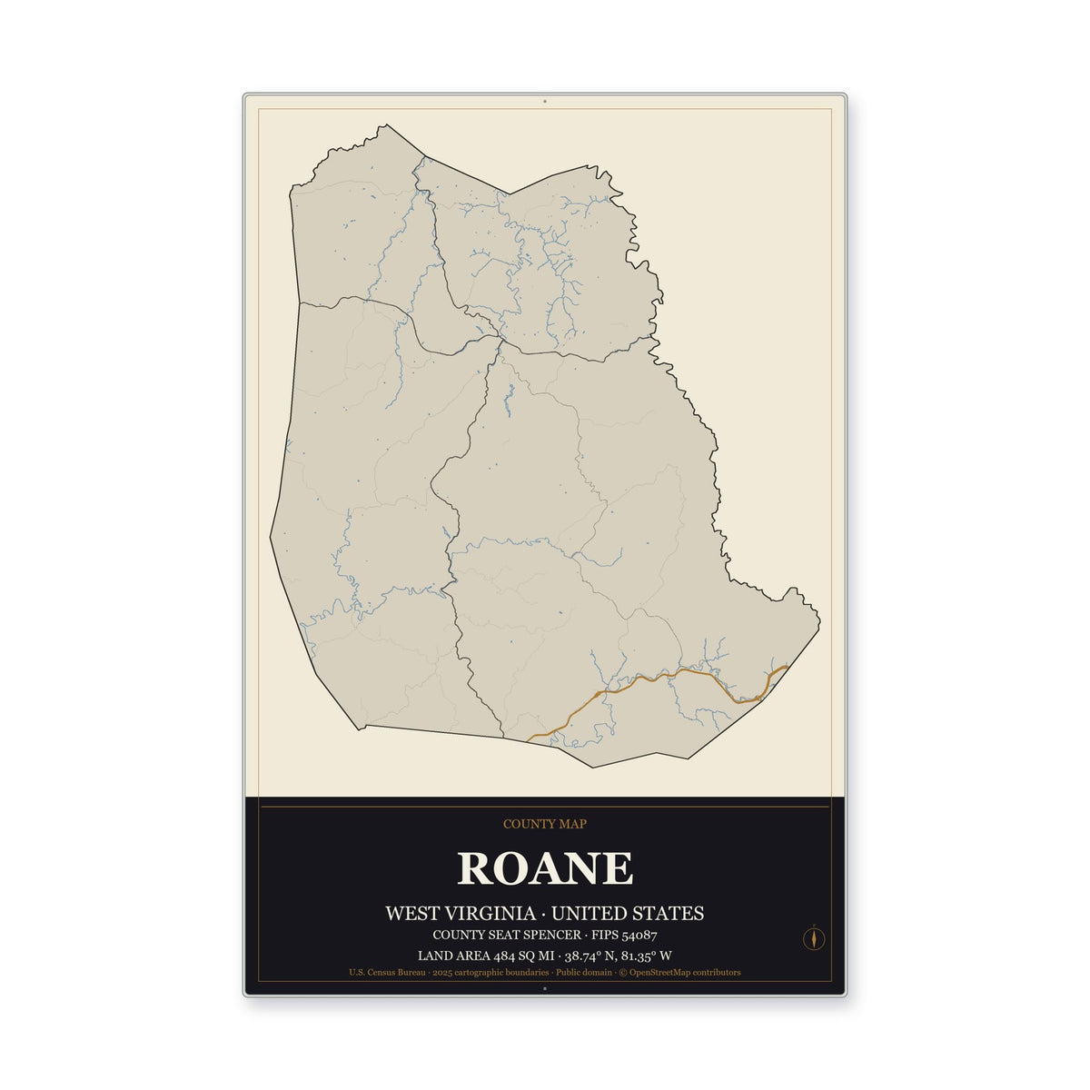 Roane County, West Virginia Map Aluminum Sign in Museum Plaque style
