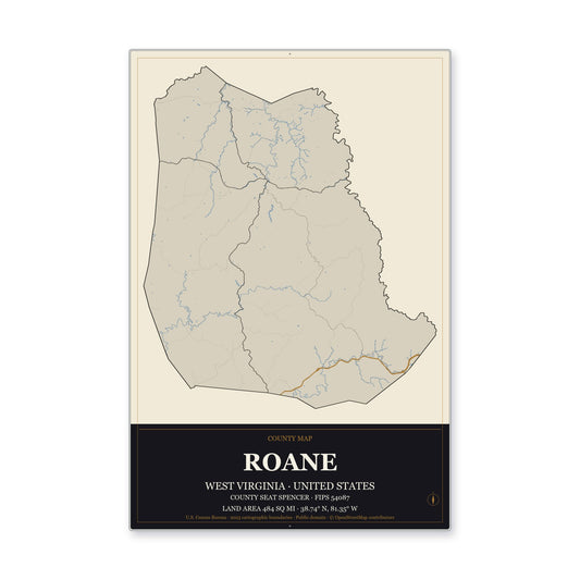 Roane County, West Virginia Map Aluminum Sign in Museum Plaque style