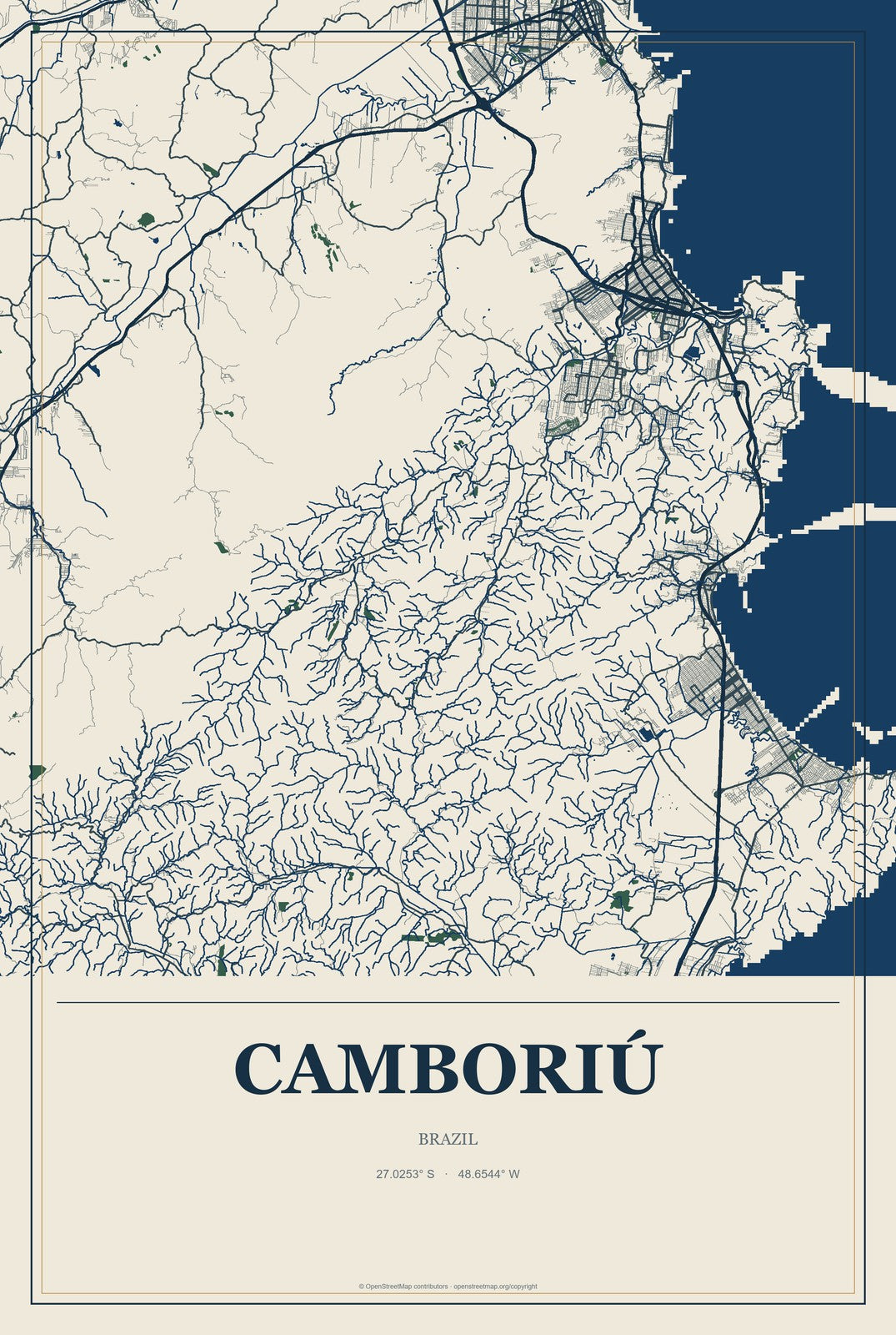Camboriú, Brazil City Map Aluminum Sign in Coastal Cutout style
