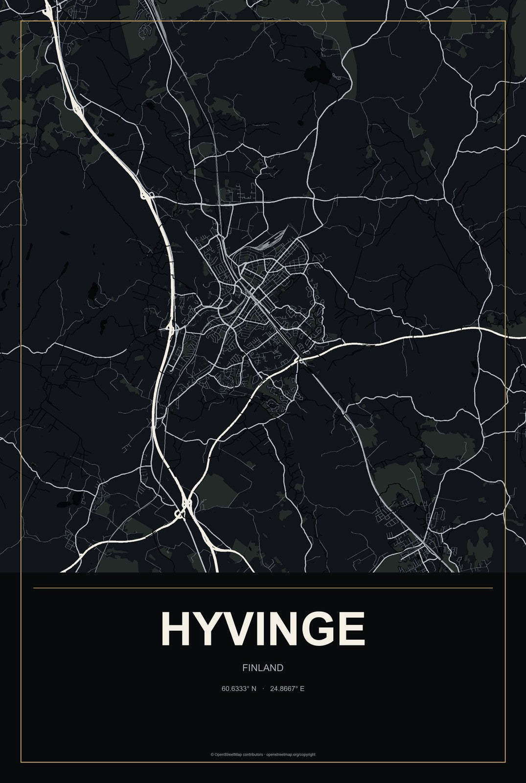 Hyvinge, Finland City Map Aluminum Sign in Metropolitan Noir style