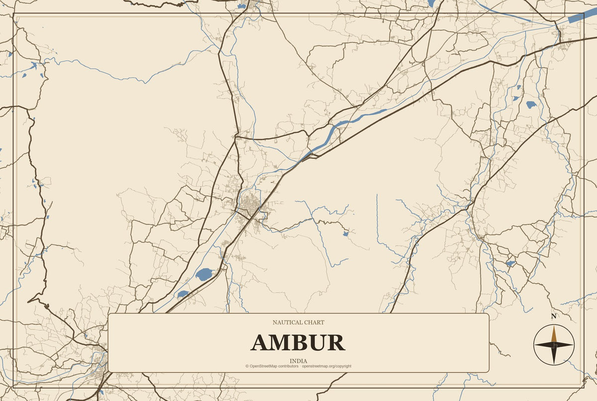 Ambur, India City Map Aluminum Sign in Heritage Nautical style