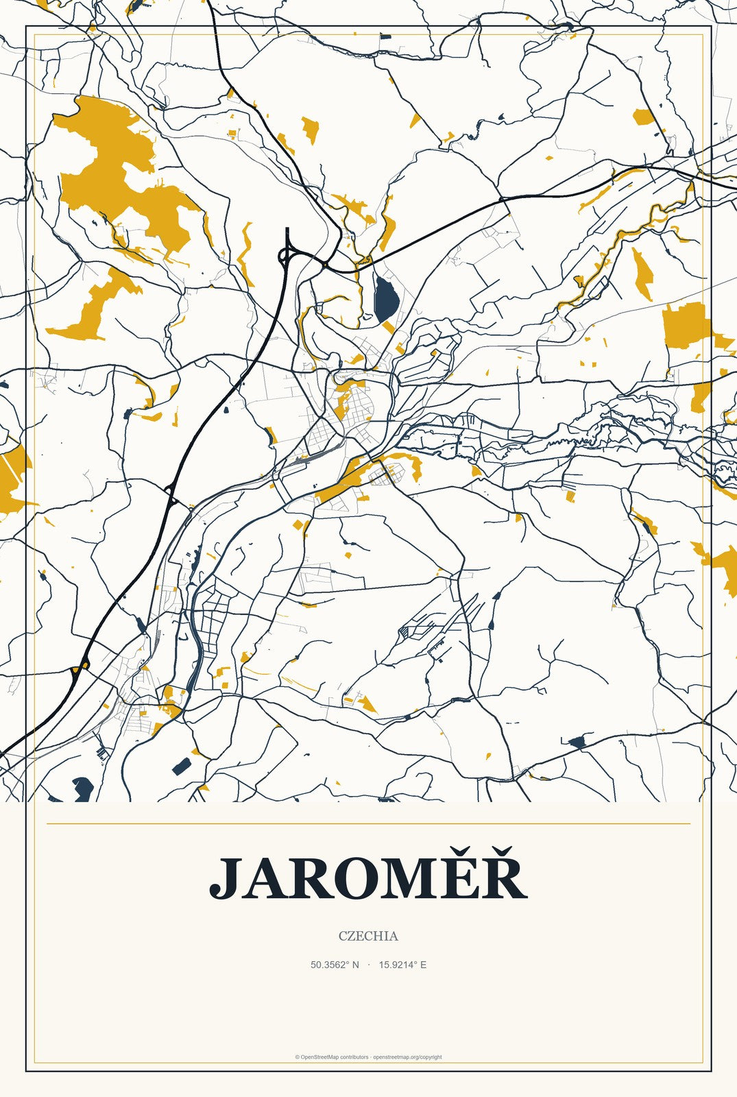 Jaroměř, Czechia City Map Aluminum Sign in Citrine Modern style