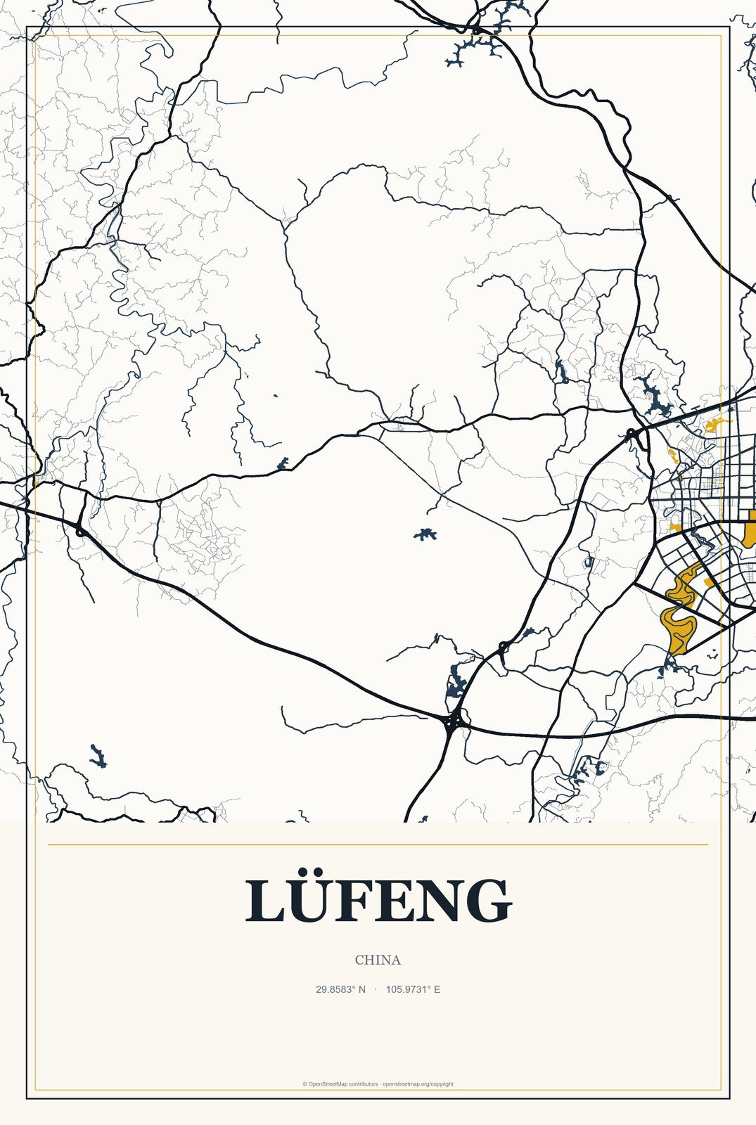 Lüfeng, China City Map Aluminum Sign in Citrine Modern style