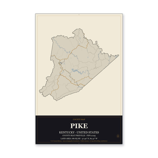 Pike County, Kentucky Map Aluminum Sign in Museum Plaque style