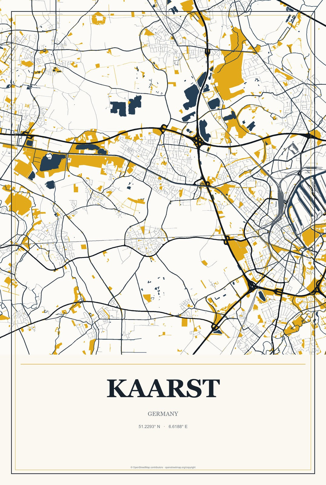 Kaarst, Germany City Map Aluminum Sign in Citrine Modern style