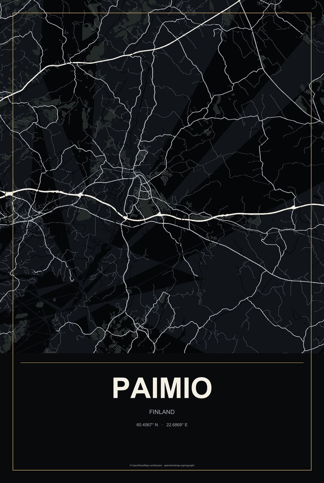Paimio, Finland City Map Aluminum Sign in Metropolitan Noir style